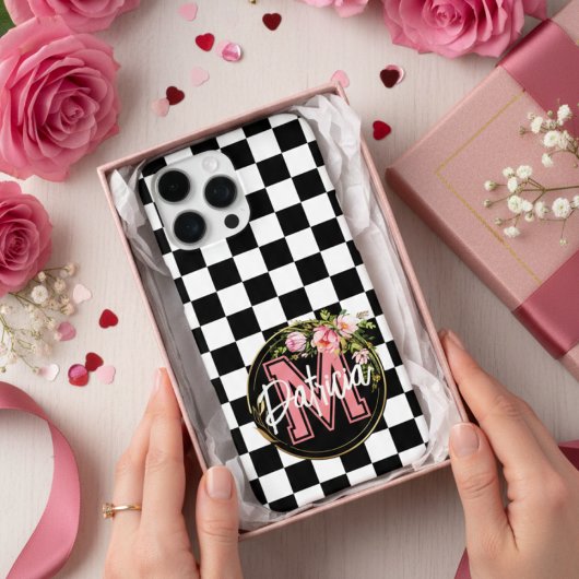 ピンクのモノグラムの花の黒と白のカスタ市松模様にス Case-Mate iPhoneケース