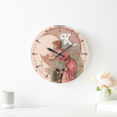 ピンクのモノグラムの花を持つ月の女性 ラージ壁時計 (ホーム)