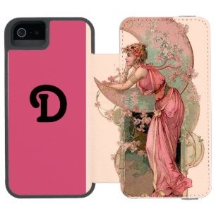 ピンクのモノグラムの花を持つ月の女性 iPhone SE/5/5sウォレットケース