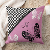 ピンクのモノグラムの蝶水玉模様 クッション (ブランケット)