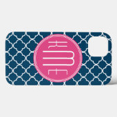 ピンクのモノグラムを持つエレガントな濃紺のクローバー Case-Mate iPhoneケース (裏面 (横))