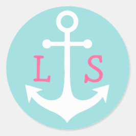 ピンクのモノグラムオンホワイトいかりオンパステルブルー ラウンドシール