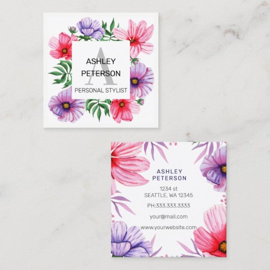 ピンクのモノグラムガーリーフローラ可愛パーソナライズされた スクエア名刺 (正面/裏面)