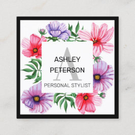 ピンクのモノグラムガーリーフローラ可愛パーソナライズされた スクエア名刺