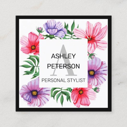 ピンクのモノグラムガーリーフローラ可愛パーソナライズされた スクエア名刺 (正面)