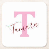 ピンクのモノグラムペーパーコースター | オーダーメイド名 スクエアペーパーコースター (正面)