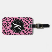 ピンクのモノグラム入りヒョウ柄のスーツケースタグ ラゲッジタグ (正面横)