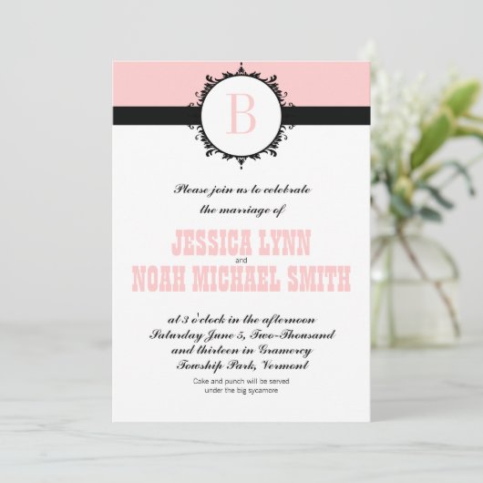 ピンクのモノグラム結婚式の招待または任意の色 招待状 (スタンド正面)