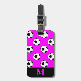 ピンクのモノグラム ホワイト サッカー ボール ラゲッジタグ