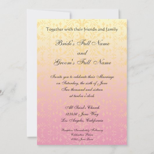 ピンクのモモのダマスク織のカスタムの結婚式招待状 招待状 (裏面)