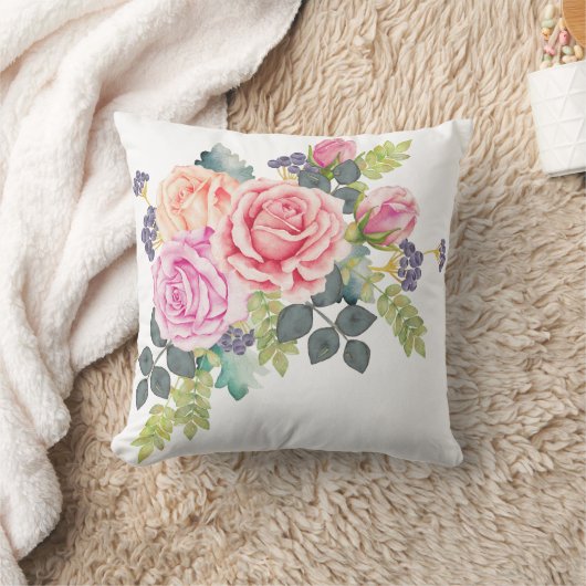 ピンクのモモのバラ2の美しい水彩画の花束 クッション (ブランケット)