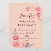 ピンクのモモの水彩画のバラの新婦付添人の招待状 招待状 (正面/裏面)