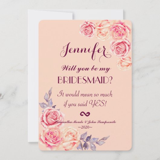ピンクのモモの水彩画のバラの新婦付添人の招待状 招待状 (正面)
