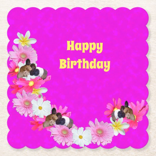 ピンクのモルモットと花、紙コースター ペーパーコースター (正面)