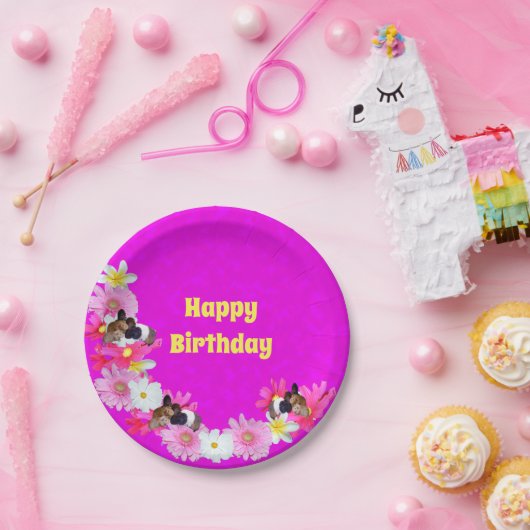ピンクのモルモットと花、紙プレート ペーパープレート (パーティー)