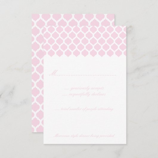 ピンクのモロッコパターンウェディングパーティーRSVPカード 出欠カード (正面/裏面)