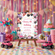 ピンクのモンスターカーの誕生日パーティーへの招待(女の子向け)