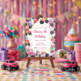 ピンクのモンスターカーの誕生日パーティーへの招待(女の子向け) 招待状