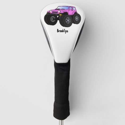 ピンクのモンスタートラックの漫画イラストレーション ゴルフヘッドカバー (正面)