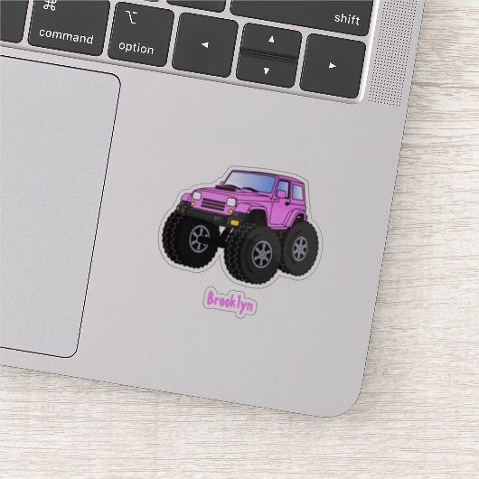 ピンクのモンスタートラックの漫画イラストレーション シール (詳細)