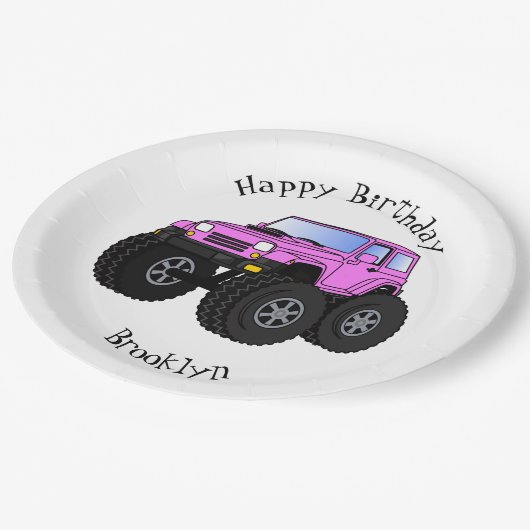 ピンクのモンスタートラックの漫画イラストレーション ペーパープレート (アングル)