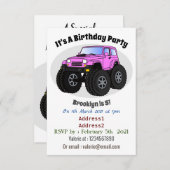 ピンクのモンスタートラックの漫画イラストレーション 招待状 (正面/裏面)