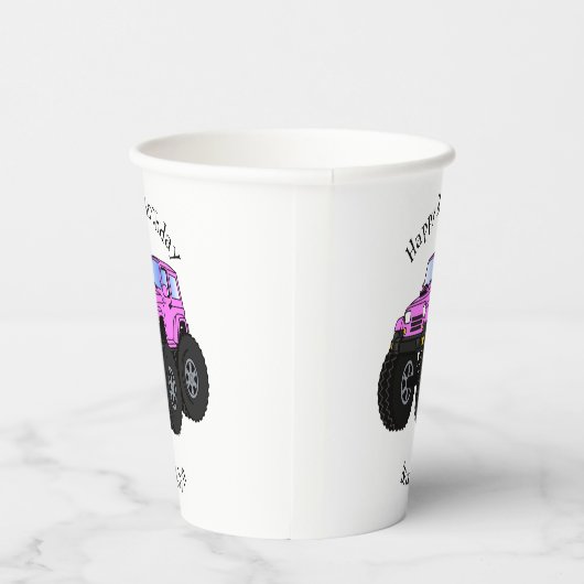 ピンクのモンスタートラックの漫画イラストレーション 紙コップ (右)