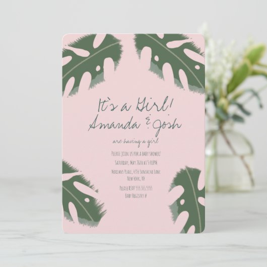 ピンクのモンステラ熱帯少女の緑のベビーシャワー 招待状 (スタンド正面)