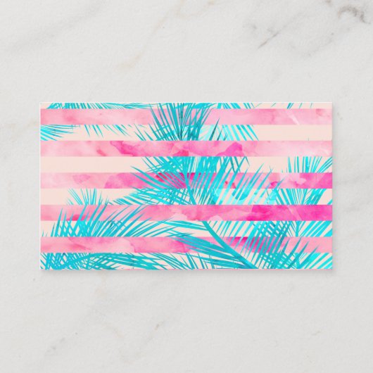 ピンクのヤシの木の水彩画のストライプなメーキャップアーティスト 名刺 (裏面)