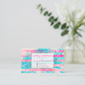 ピンクのヤシの木の水彩画のストライプなメーキャップアーティスト 名刺 (スタンド正面)