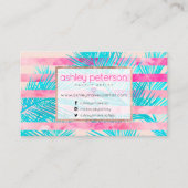 ピンクのヤシの木の水彩画のストライプなメーキャップアーティスト 名刺 (正面)