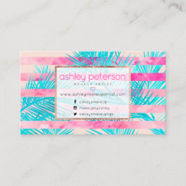 ピンクのヤシの木の水彩画のストライプなメーキャップアーティスト 名刺