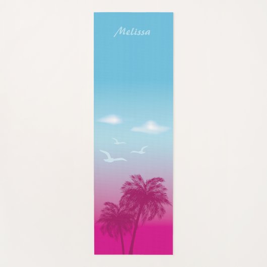 ピンクのヤシの木の熱帯の夏のシーンと名前 ヨガマット (正面)