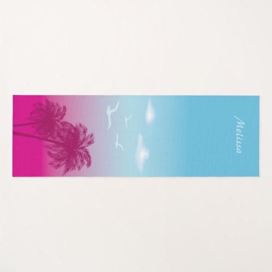 ピンクのヤシの木の熱帯の夏のシーンと名前 ヨガマット (正面(横))