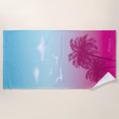 ピンクのヤシの木の熱帯夏の夕日の名前 ビーチタオル (正面)