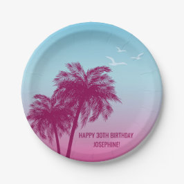 ピンクのヤシの木 熱帯の夕べ お誕生日おめでとう ペーパープレート