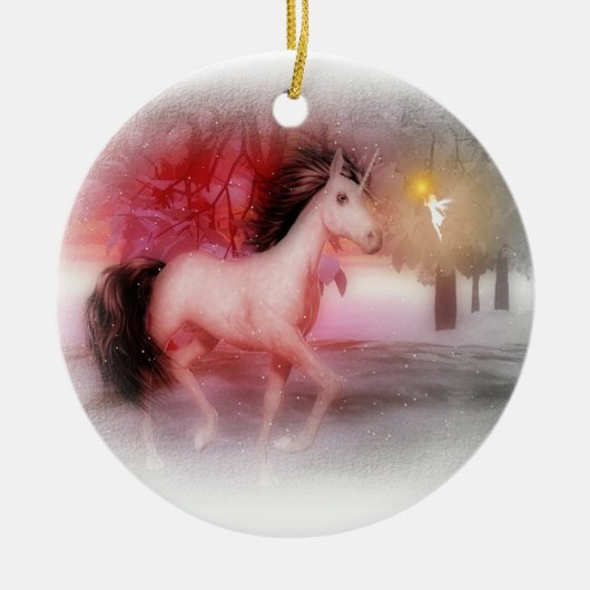 ピンクのユニコーンおよび妖精の冬夜オーナメント セラミックオーナメント (正面)