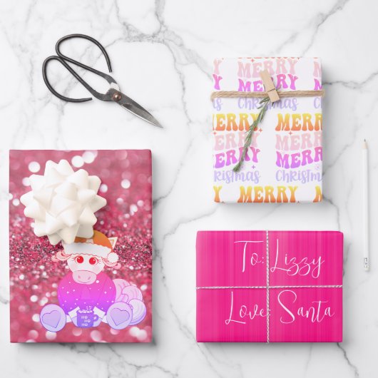 ピンクのユニコーンで魔法をクリスマスにもたらす ラッピングペーパーシート (正面)