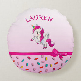 ピンクのユニコーンとキャンディがペソナライズ ラウンドクッション