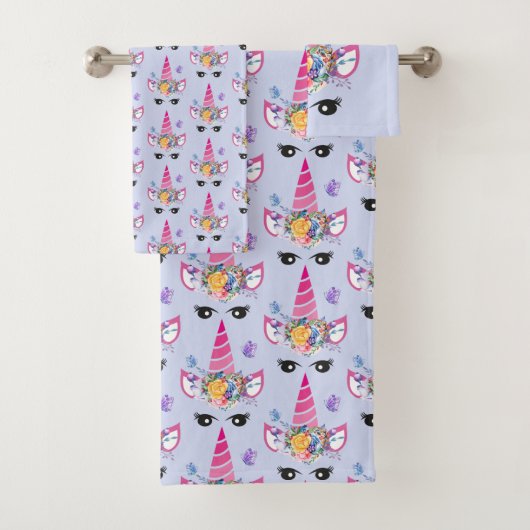 ピンクのユニコーンとフローラクラウン&蝶 バスタオルセット (インサイチュ)