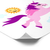 ピンクのユニコーンと幸せな太陽、子供部屋の壁アート ポスター (角)