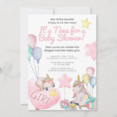 ピンクのユニコーンと風船 – かわいい女の子の赤ちゃんシャワー 招待状 (正面)