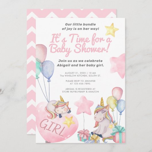 ピンクのユニコーンと風船 – かわいい女の子の赤ちゃんシャワー 招待状 (正面/裏面)