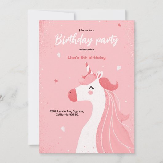 ピンクのユニコーンの女の子のための可愛い招待状 招待状 (正面)