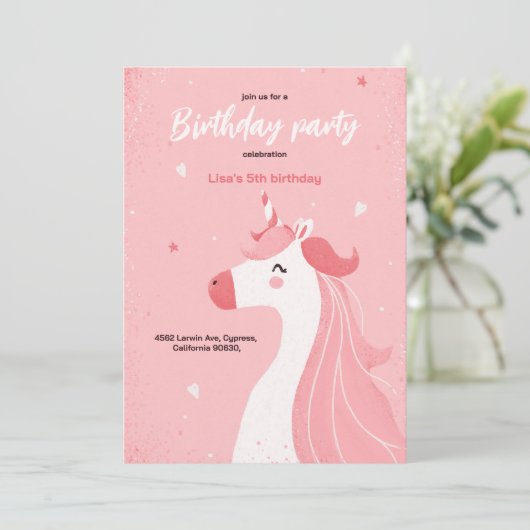 ピンクのユニコーンの女の子のための可愛い招待状 招待状 (スタンド正面)