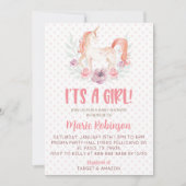 ピンクのユニコーンの花 女の子の赤ちゃん歓迎会 招待状 (正面)