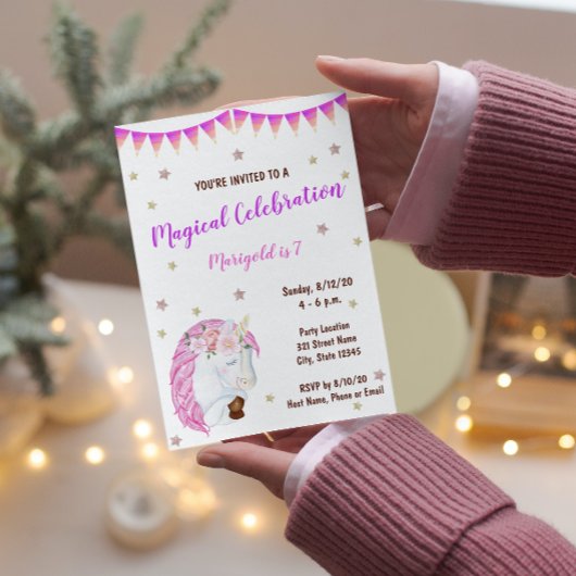 ピンクのユニコーンの誕生日招待状 招待状