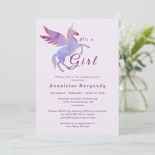 ピンクのユニコーンの赤ちゃん女の子のシャワー翼の馬 招待状 (スタンド正面)