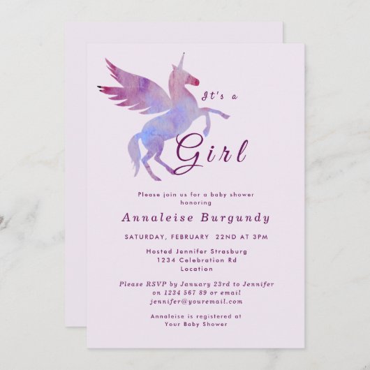 ピンクのユニコーンの赤ちゃん女の子のシャワー翼の馬 招待状 (正面/裏面)