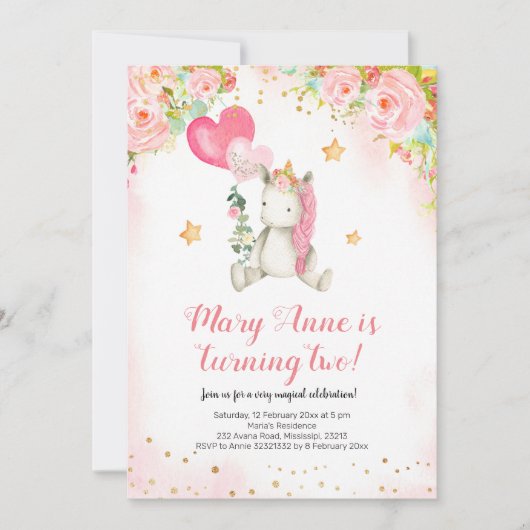 ピンクのユニコーンの魔法の少女2歳の誕生日 招待状 (正面)